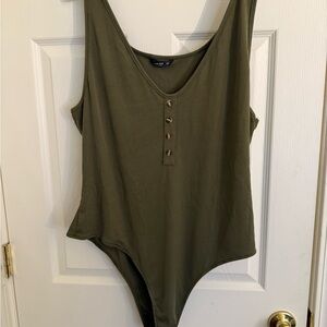 SHEIN Curve Olive Ribbed V-Neck Top